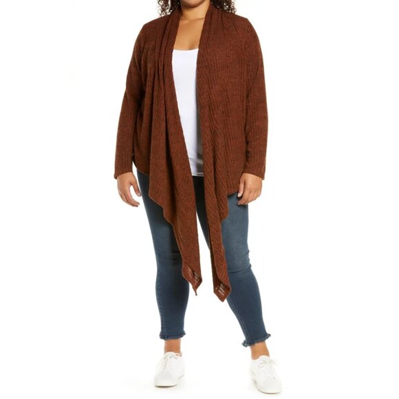 Cozy Ribbed Tie Cardigan — Rust Brown Loveapella Knit 1X - Picture 2 of 14